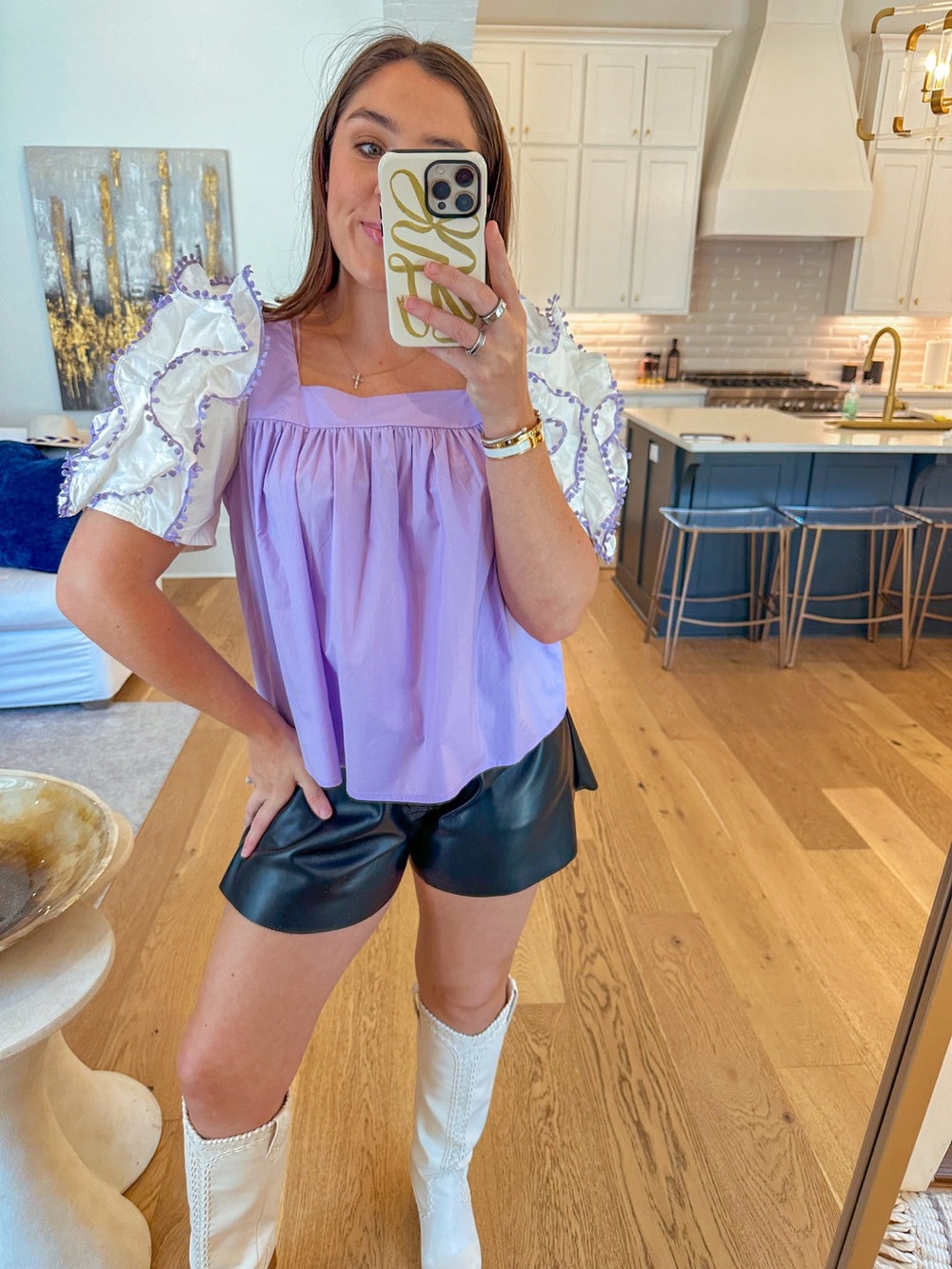 Lilac Square-Neck Puff Sleeve Blouse with White Trim